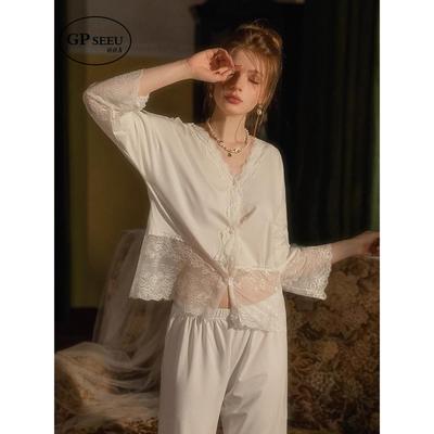 GP Seeu纯棉睡衣女春秋新款性感蕾丝拼接长袖花边开衫家居服套装