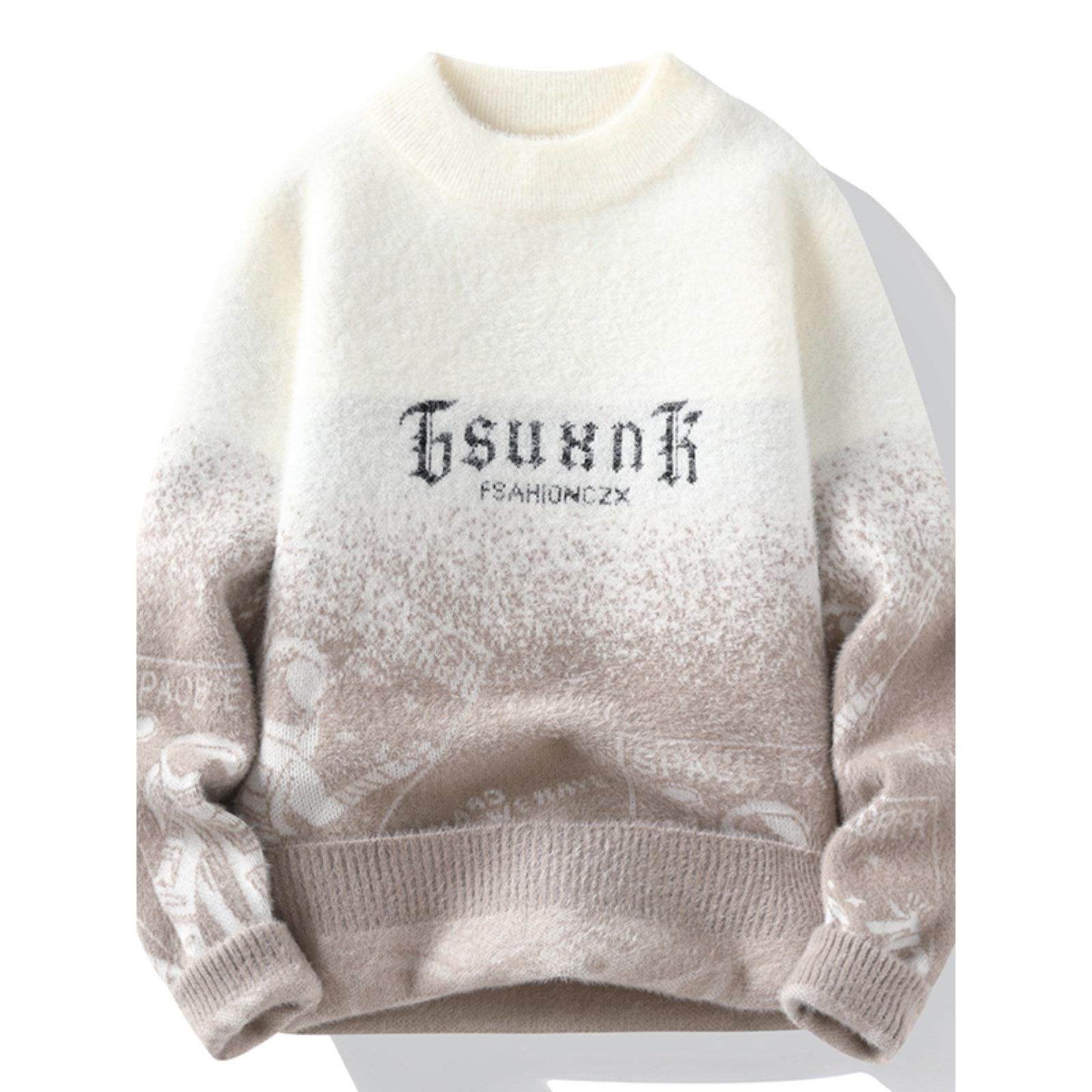 秋冬季水貂绒渐变毛衣男士新款加厚针织打底衫青少年学生保暖上衣