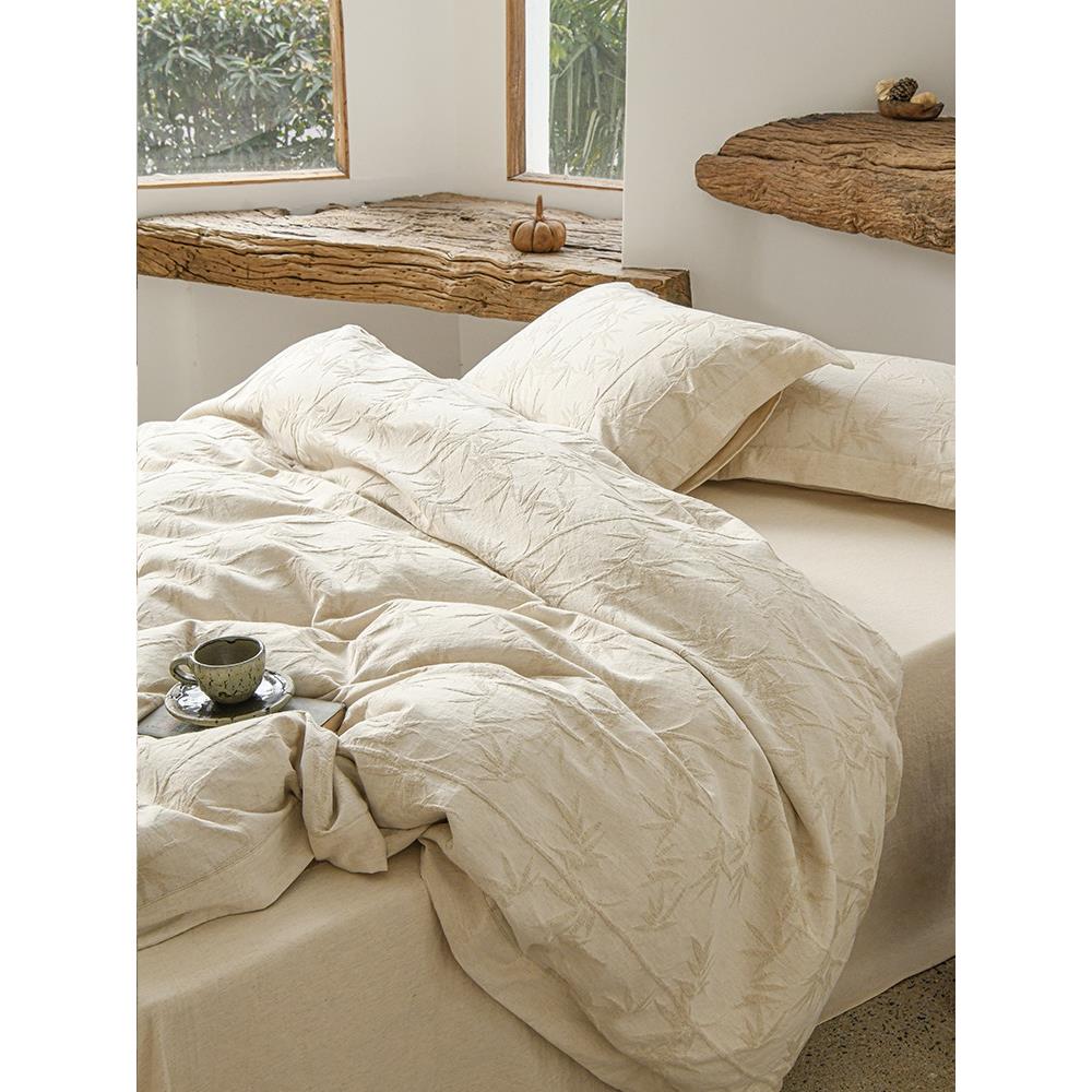 自然交织安静艺术b|休闲100计数棉和亚麻提花四件套吸汗和透气20%