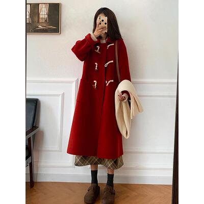红色双面羊绒呢子大衣女秋冬2024新款小个子牛角扣毛呢外套中长款