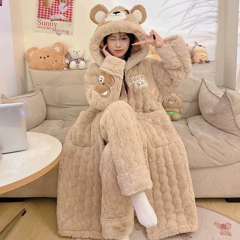卡通连帽三层夹棉加厚睡衣女冬季可外穿珊瑚绒长款睡袍浴袍家居服