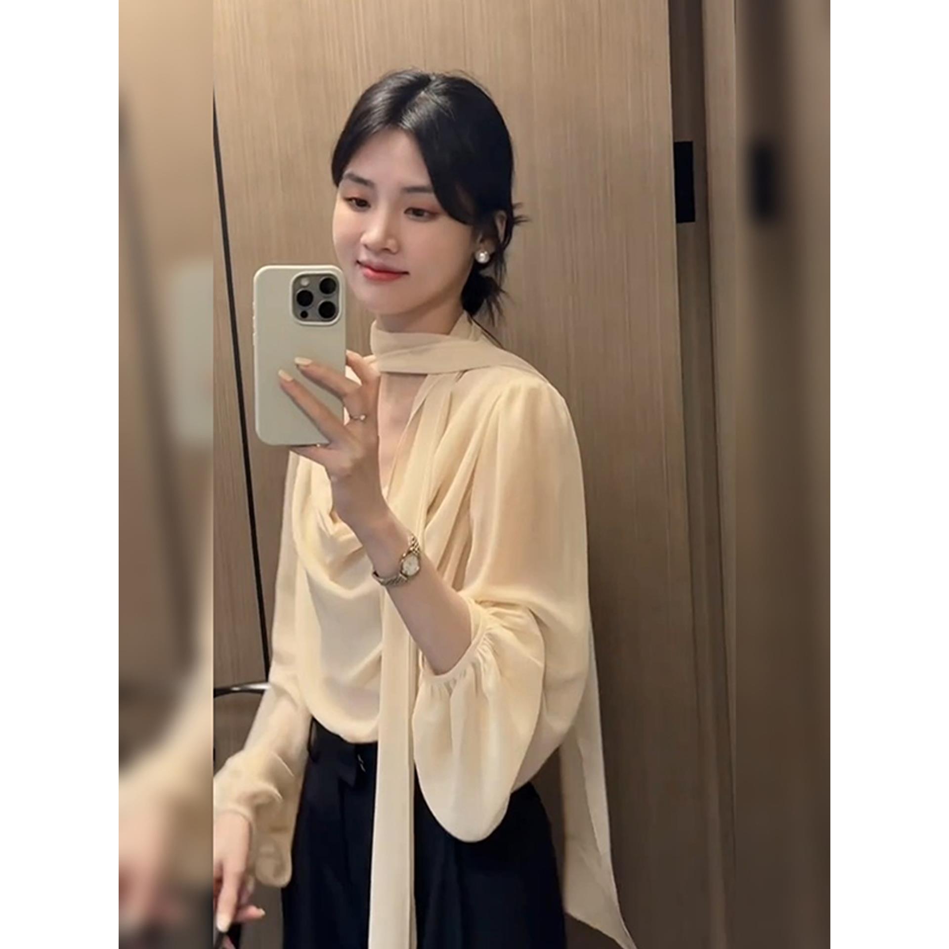 法式Rixo Kelly新款高级感上衣女秋季气质杏色飘带设计感长袖衬衫