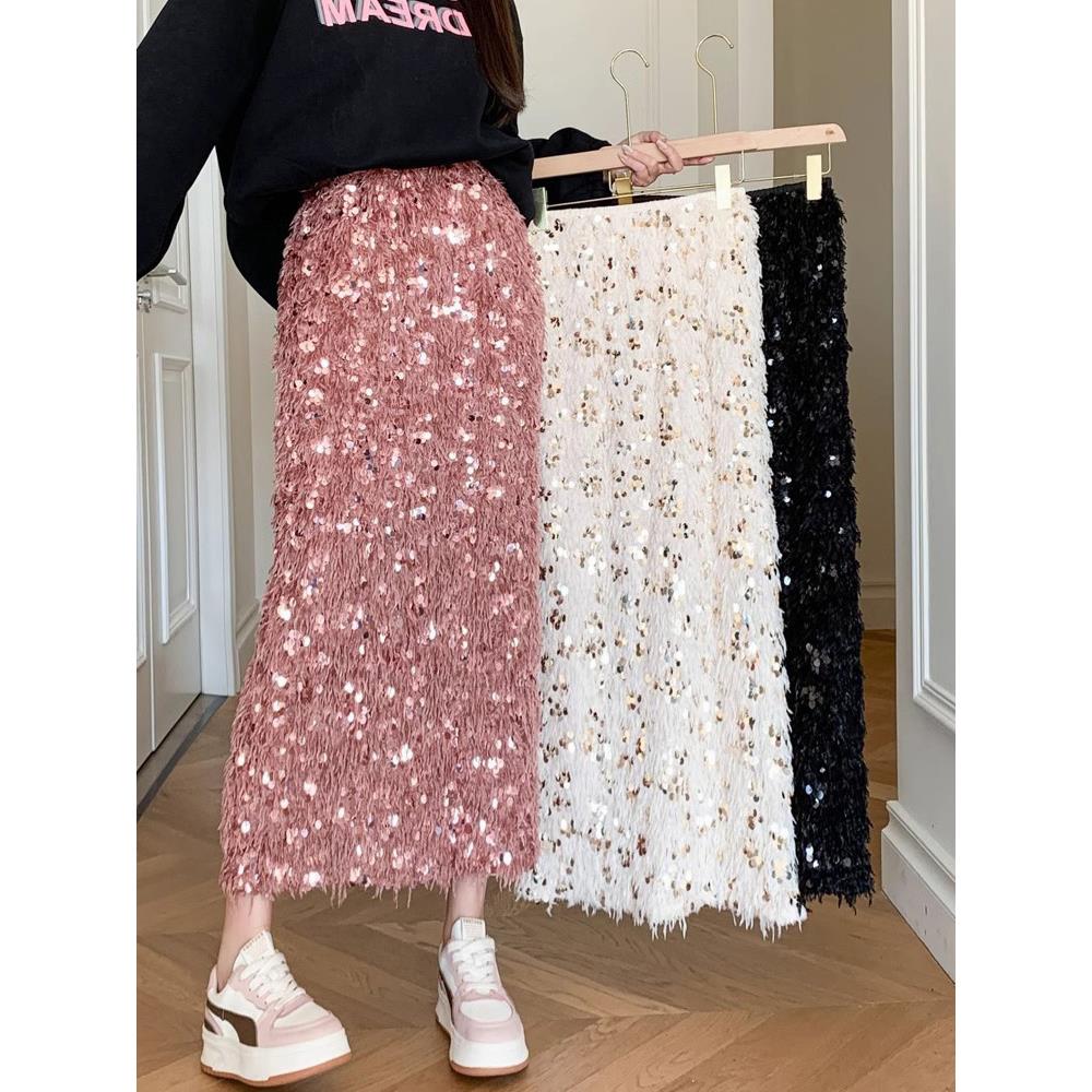 拼接羽毛闪闪亮片半身裙女春夏款松紧腰流苏春裙名媛开叉包臀长裙
