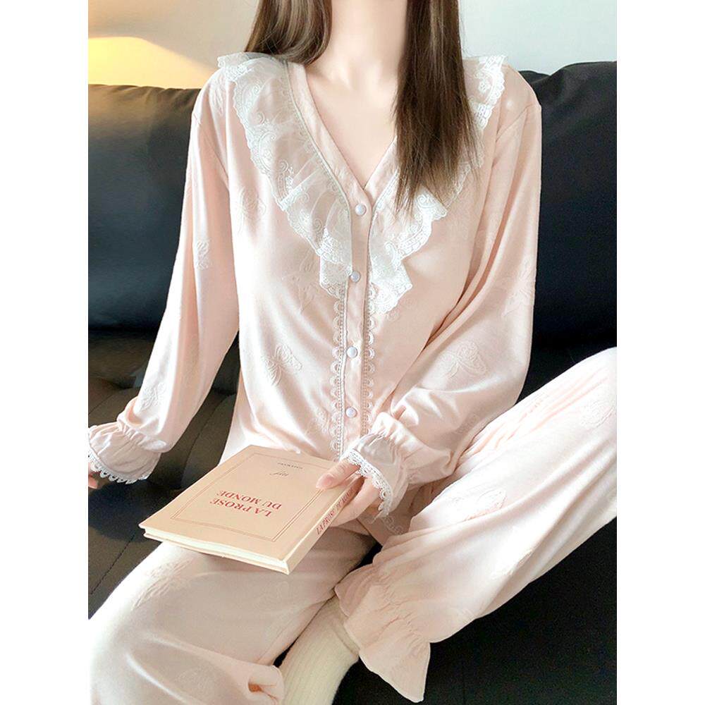 DR轻奢睡衣女秋季2025新款宫廷风花边无领带胸垫一体家居服套装