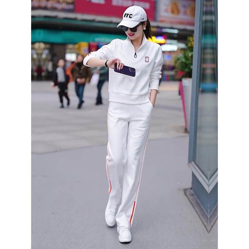 白色休闲运动服套装女2025秋季新款洋气减龄立领卫衣阔腿裤两件套