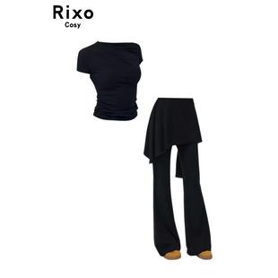 两件套装 RIXO 上衣休闲裤 女辣妹性感短款 COSY斜肩领堆褶T恤微喇裤