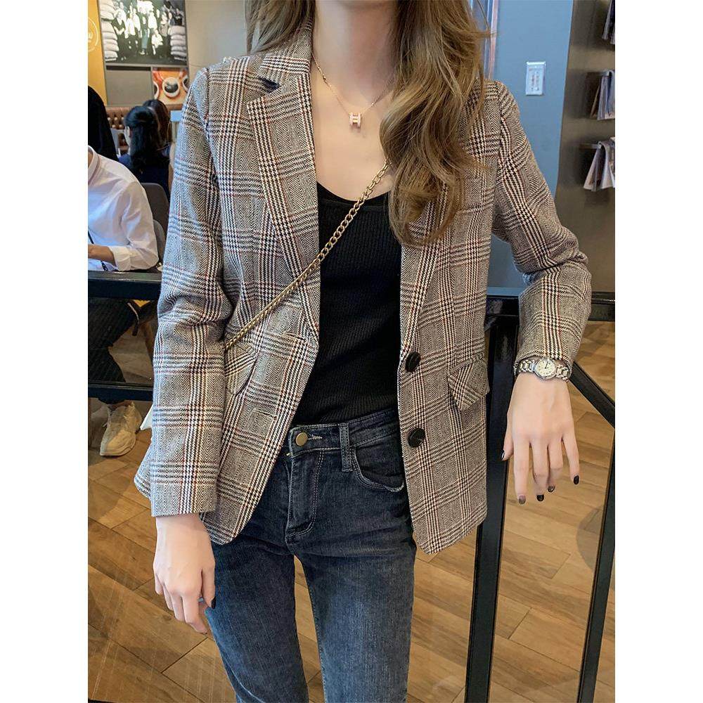 格子西装外套女春秋2025年新款薄款英伦风短款百搭休闲小西服上衣