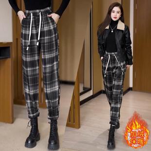 SPYB加绒加厚格子休闲裤 子 女秋冬时髦洋气百搭显瘦高腰老爹哈伦裤