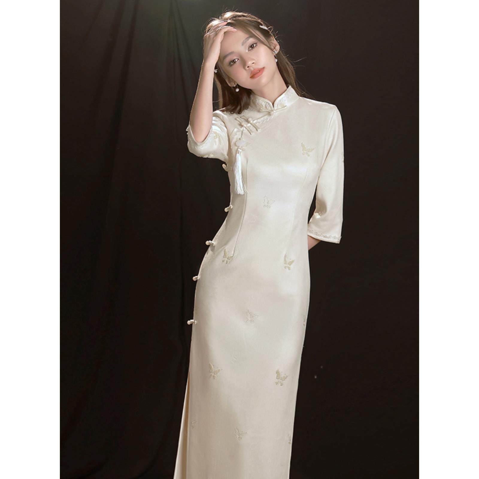 Ocnltiy｜千里江山~轻奢缎面旗袍2025秋冬新款精致气质优雅连衣裙