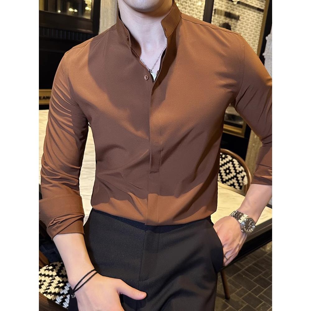 LL男装衬衫男长袖修身高级感痞帅休闲2024年新款春秋立领暗扣衬衣