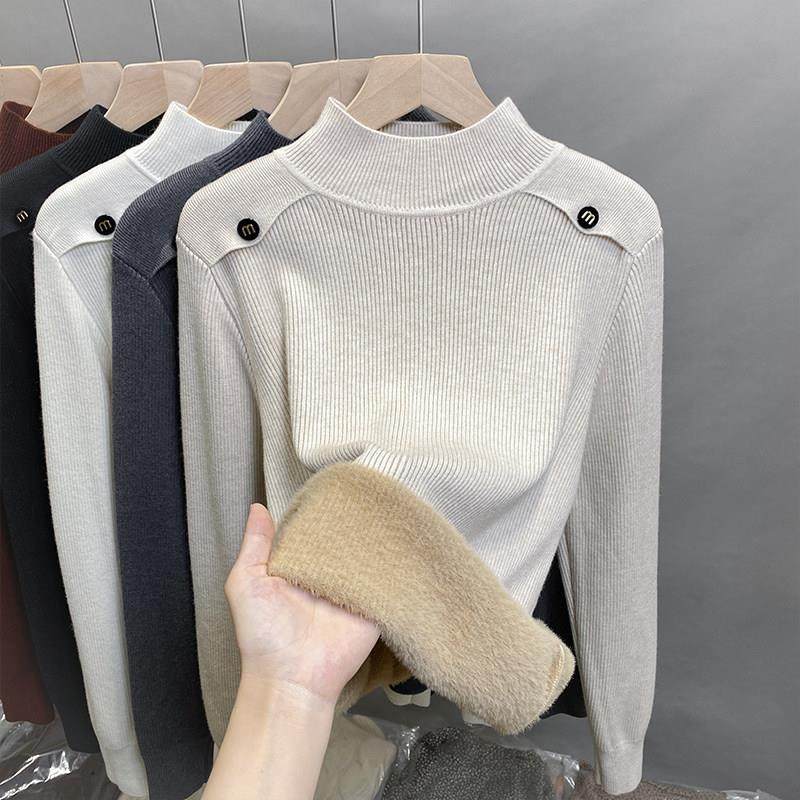 一体绒半高领毛衣女加绒加厚打底衫2025新款秋冬季针织衫内搭上衣