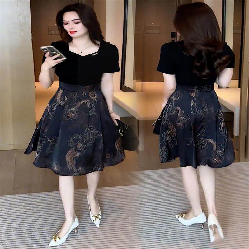 潮牌短袖连衣裙女2024新款时尚洋气质收腰显瘦假两件拼接印花裙子