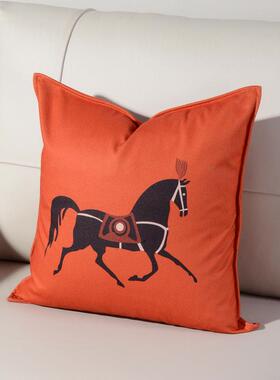 轻奢时尚橙色软装方抱枕高档丽丝绒单面印花H骏马沙发靠垫腰枕