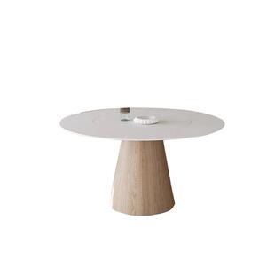 北欧实木德利丰岩板圆餐桌纯白带转盘现代简约家用饭桌奶油风圆桌