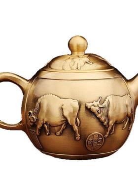 纯黄铜小茶壶茶具办公室桌面五牛小茶壶做旧铜壶金属工艺茶壶摆件
