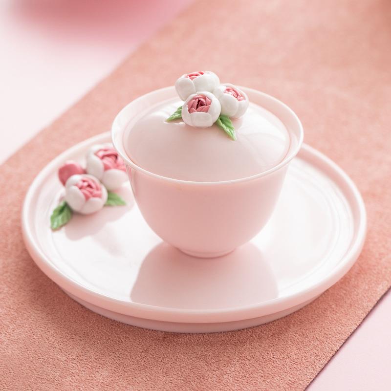 手捏花陶瓷干泡盘黛熹茶托茶盘功夫茶具茶道配件圆形壶承杯托盘