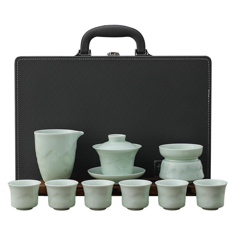 梅子青浮雕山海功夫茶具礼盒装青瓷茶具套装办公会客泡茶家用套装