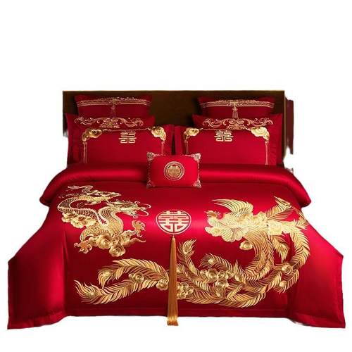纯棉新中式龙凤刺绣婚庆多件套结婚四件套大红色被套陪嫁床上用品
