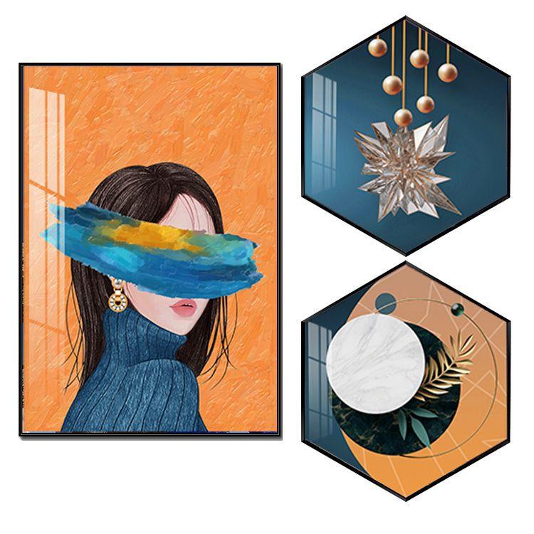 现代简约餐厅装饰画创意组合橙色六边形壁画轻奢大气厨房墙面挂画