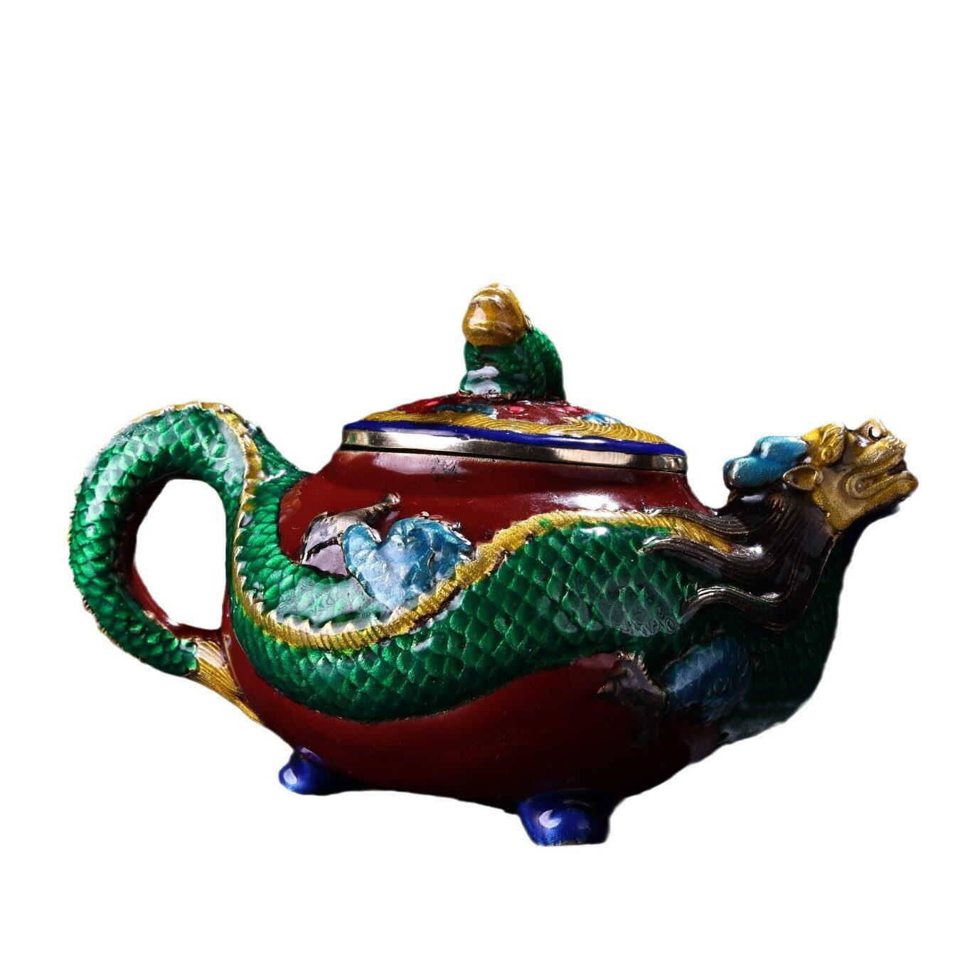 铜镶嵌景泰蓝珐琅彩盘龙茶壶酒壶古玩收藏家居装饰工艺品