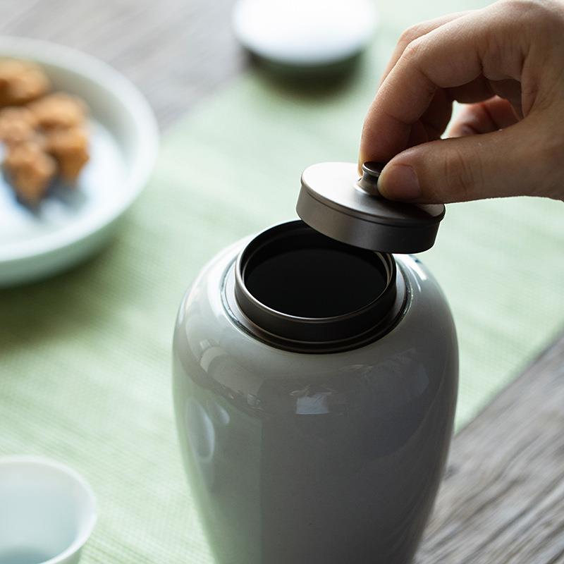 纯手绘芦苇草茶叶罐古青釉铝盖密封罐陶瓷防潮罐家用茶叶储存罐子