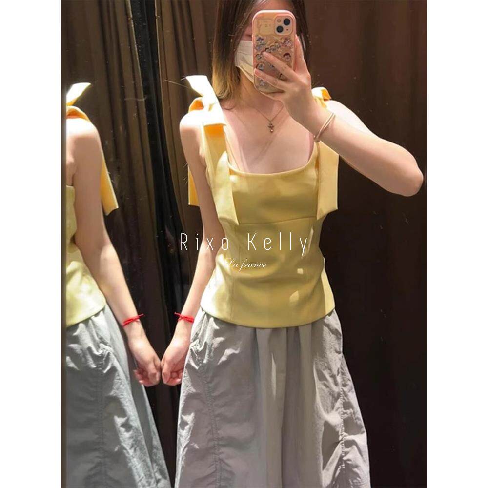 Rixo Kelly蝴蝶结方领设计感吊带背心女外穿修身显瘦无袖百搭上衣
