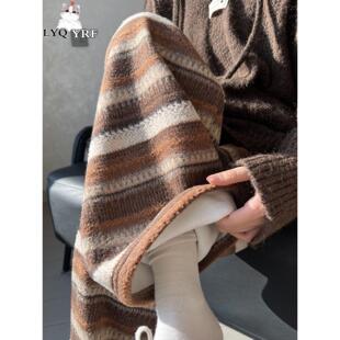 YRF条纹裤 直筒加绒阔腿裤 子女秋冬季 高腰糯米裤 休闲保暖棉裤 LYQ