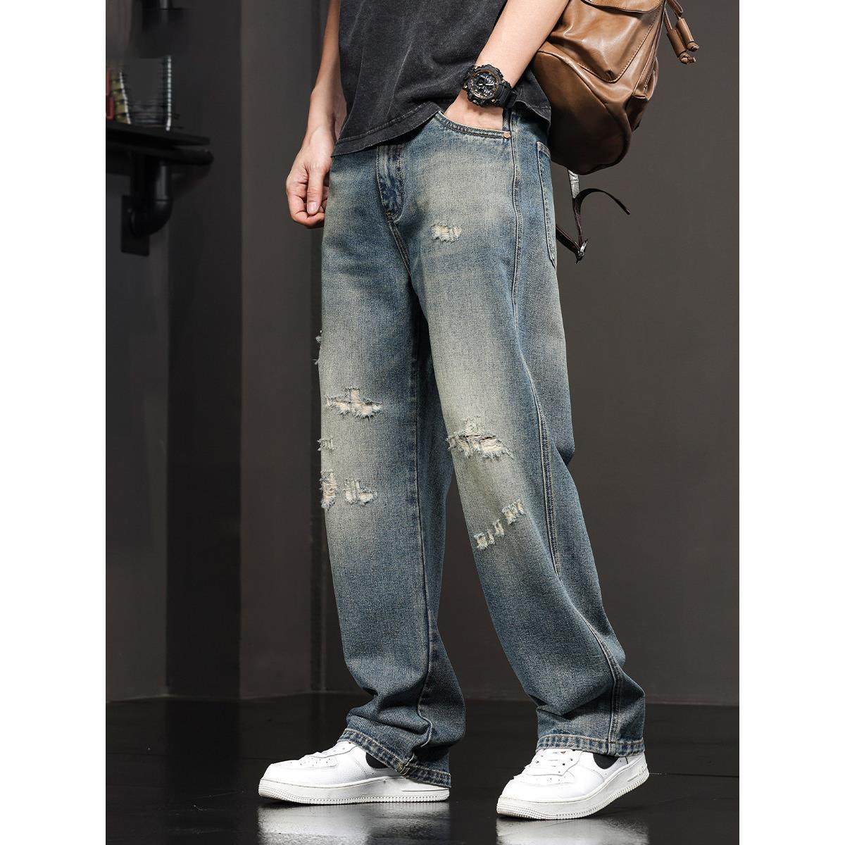 潮牌it neith BIAS美式破洞牛仔裤男夏季直筒宽松阔腿水洗休闲裤