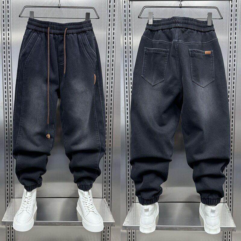 特大码300斤美式潮牌束脚牛仔裤男春秋季薄款加肥加大痞帅哈伦裤