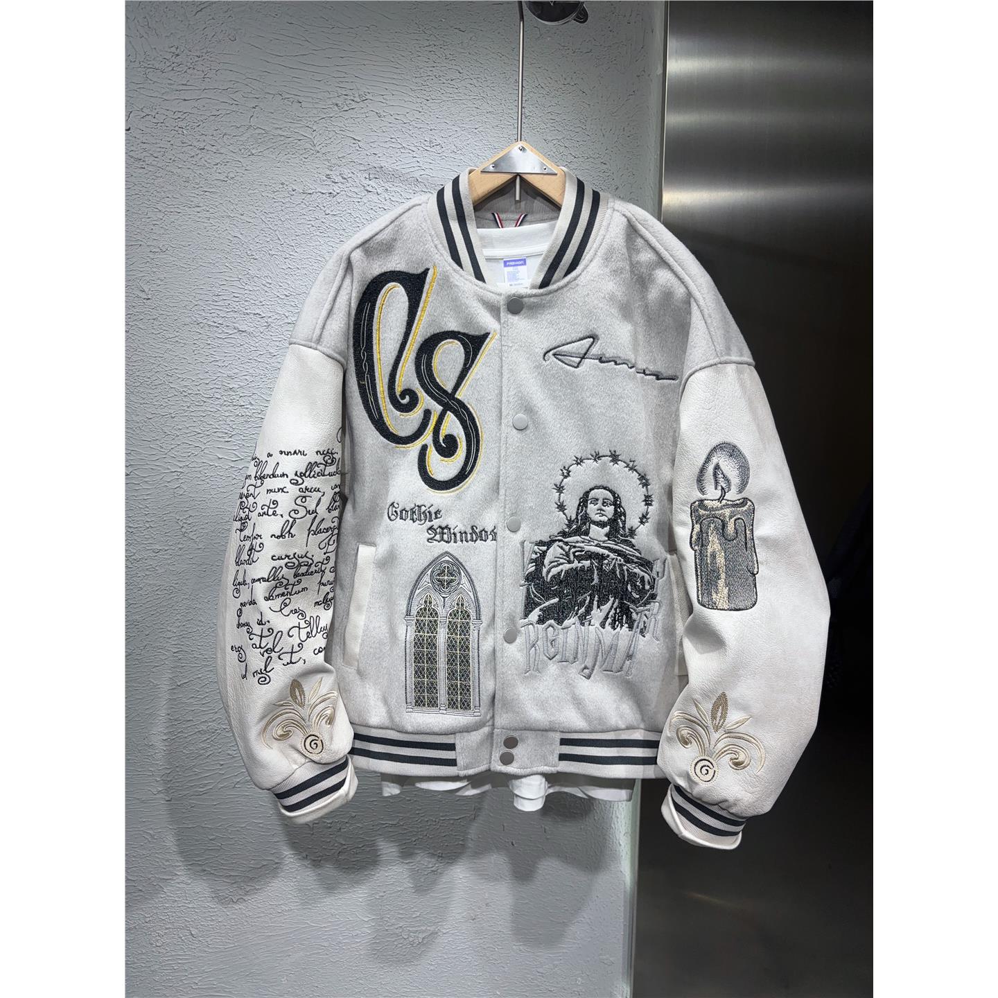 潮牌新款美式覆古棒球服男街头青年百搭刺绣痞帅夹克拼接皮袖款