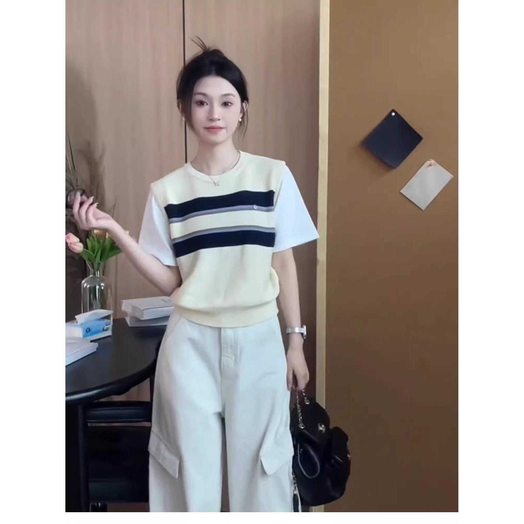 Rixo Kelly条纹假两件圆领正肩短袖t恤女小众设计感宽松短款上衣