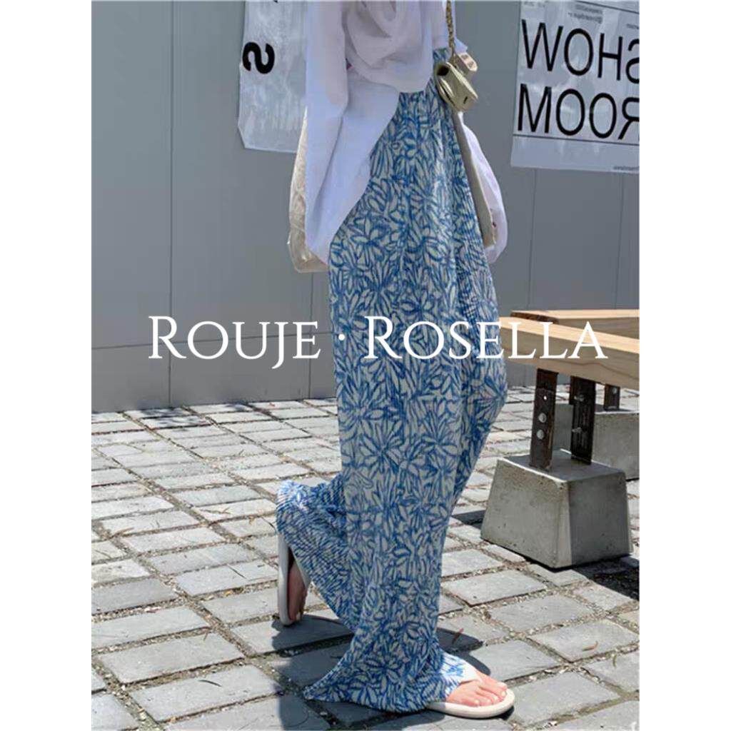 法国Rouje Rosella蓝色花色印花休闲裤女夏季百褶风格宽松长裤