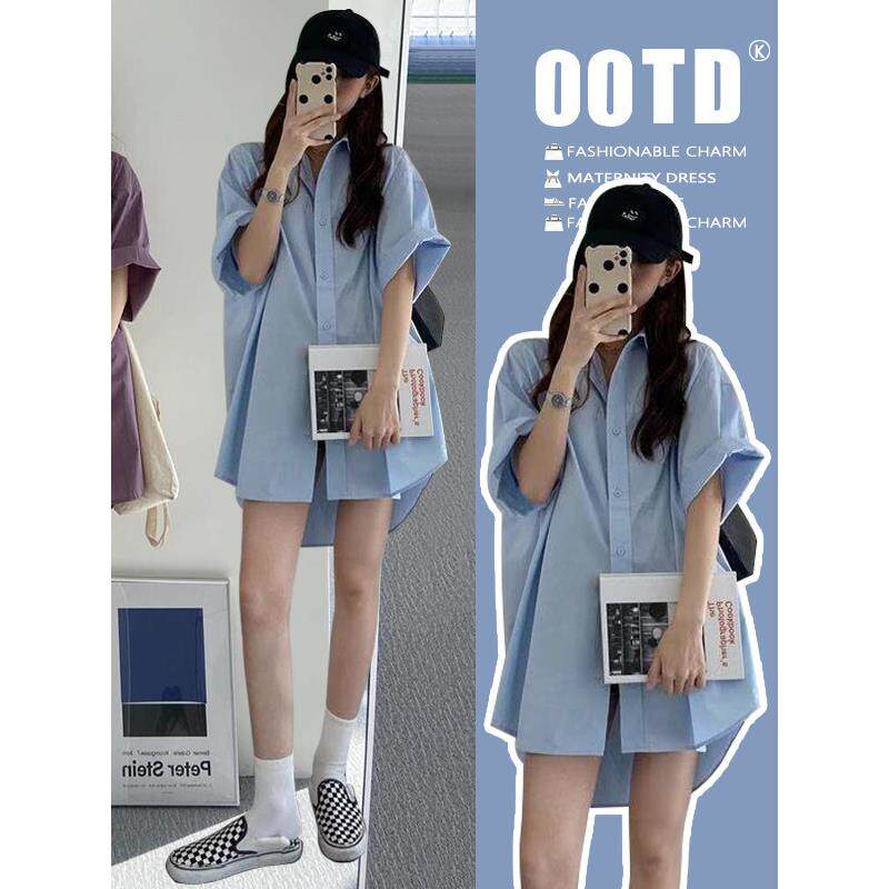 韩国孕妇装2025春夏新流行时尚衬衫连衣裙宽松大码中长上衣