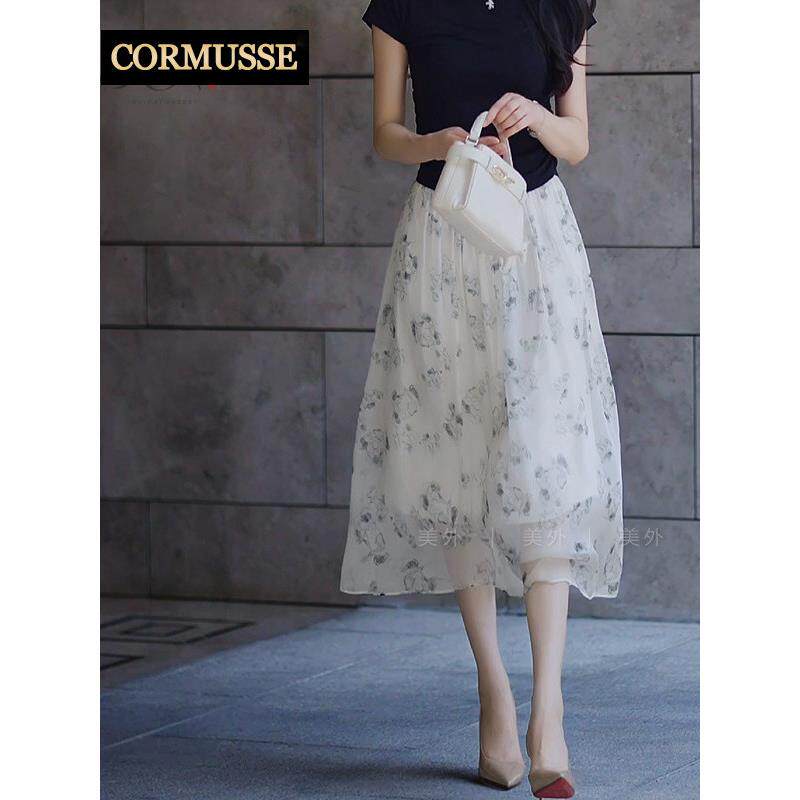 cormusse桑蚕丝碎花半身裙女夏白色仙气飘逸显瘦高级感百搭中长裙