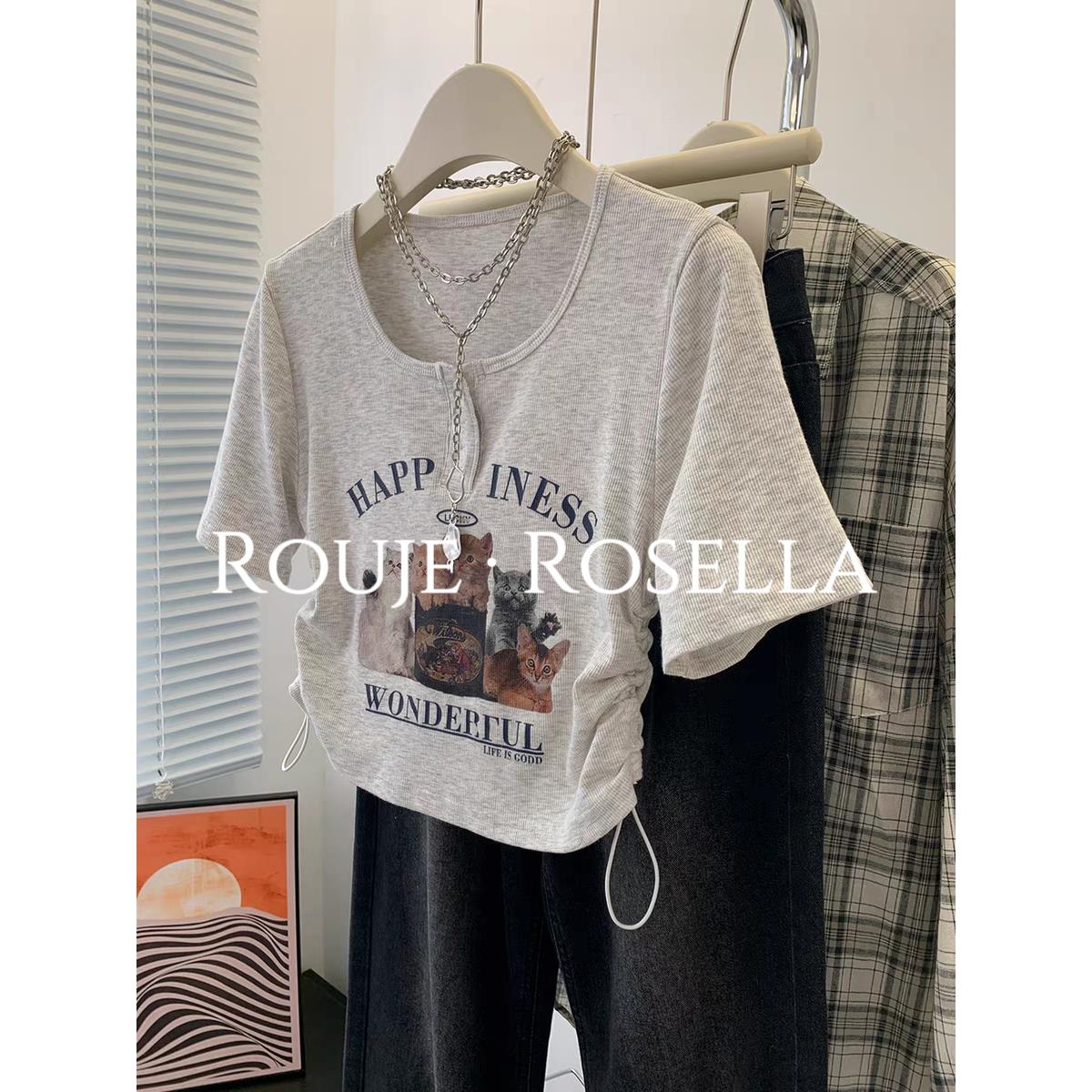 法国Rouje Rosella辣妹猫咪印花t恤短款露脐U领抽绳修身体恤上衣