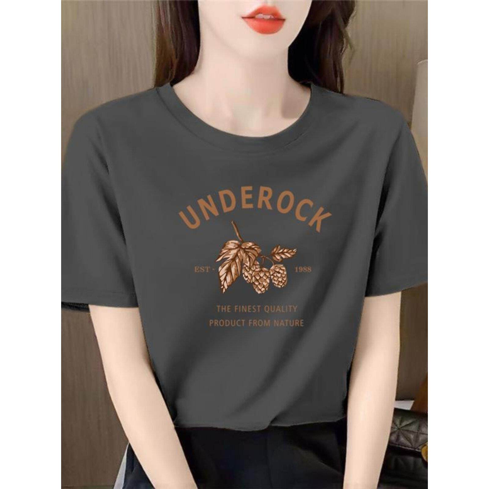 韩系纯棉正肩短袖t恤女2025灰色半袖女新款韩版洋派印花上衣潮