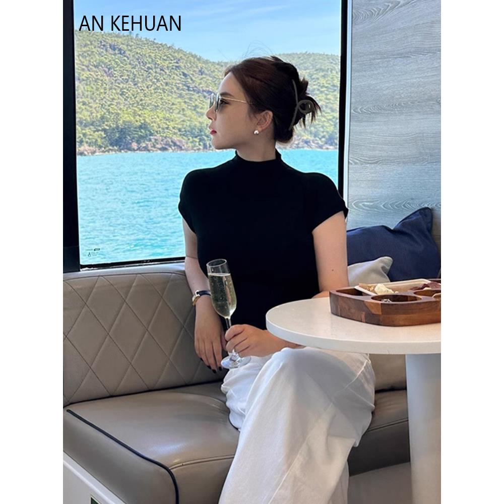 欧洲站半高领针织短袖打底衫T恤女2025夏季新款黑色立领修身半袖