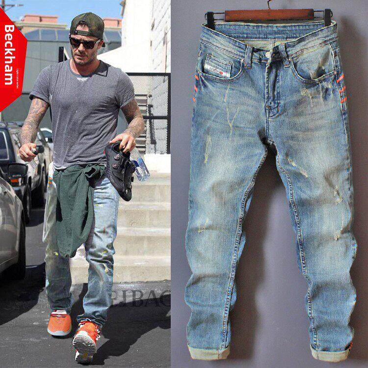 香港潮牌贝克汉姆同款破洞牛仔裤男春季美式浅色直筒宽松休闲长裤