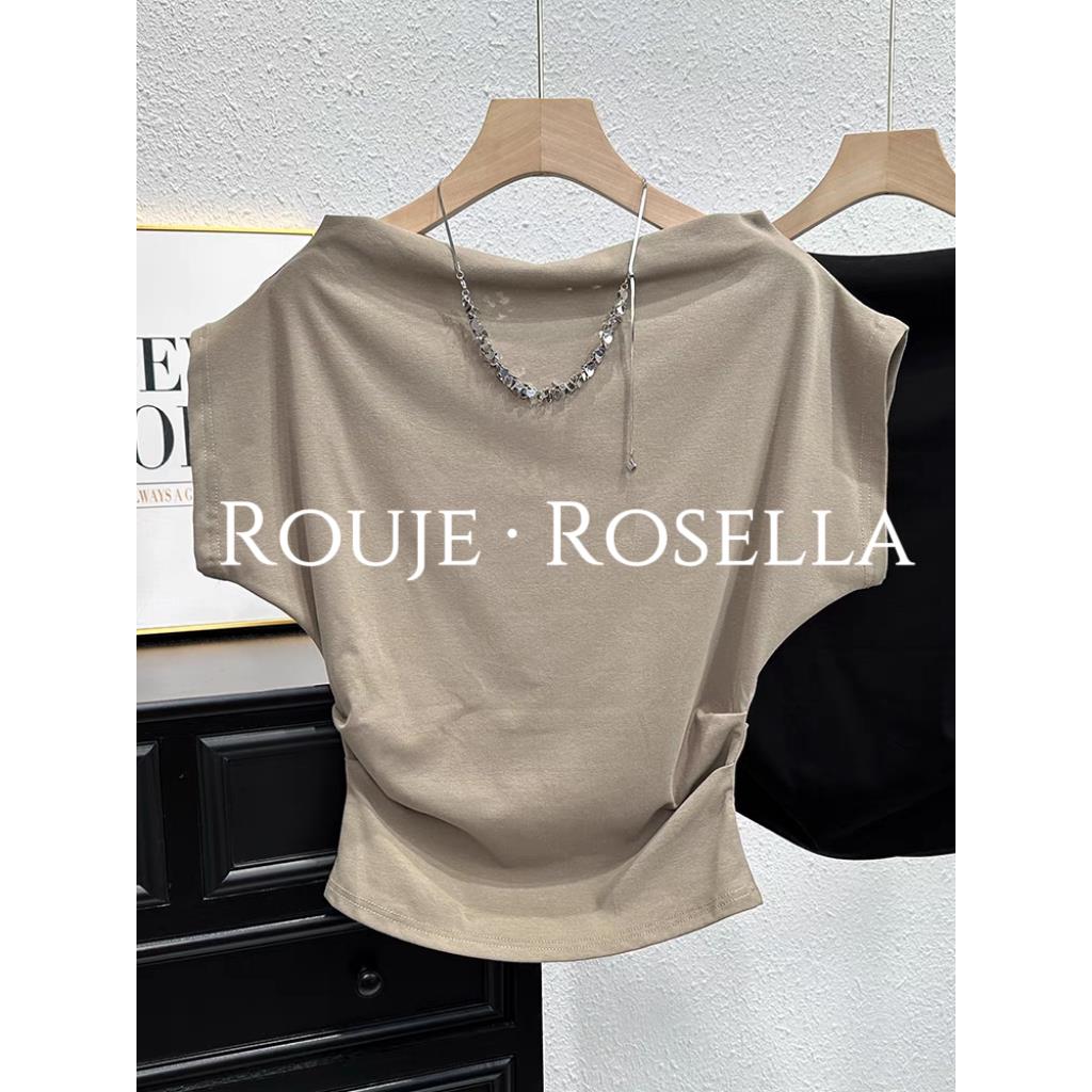 法国Rouje Rosella设计感一字肩短袖t恤女夏气质百搭别致上衣