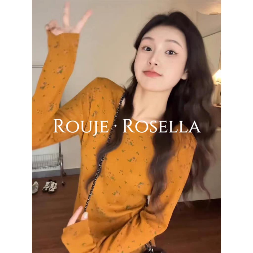 法国Rouje Rosella?别致橘色碎花长袖T恤女独特漂亮修身短款上衣