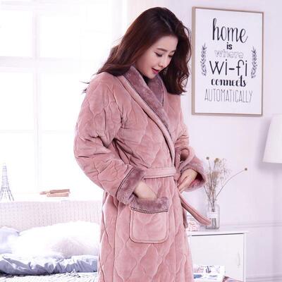 睡袍女冬珊瑚绒加厚加绒大码三层夹棉可外穿睡衣中长款保暖家居服