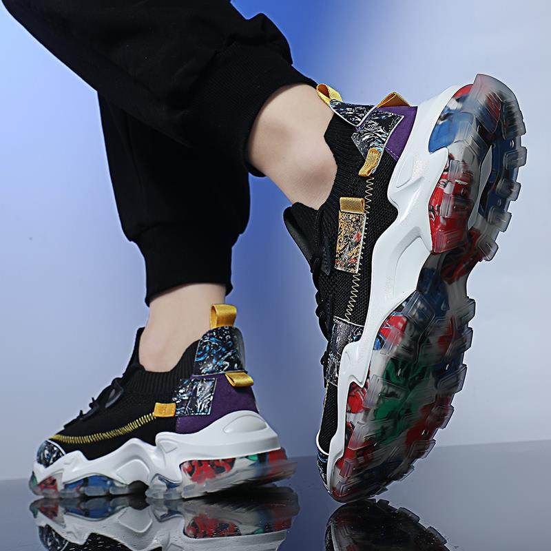 英森曼跑步老爹鞋夏季国潮飞织男鞋个性百搭网面透气休闲运动鞋子