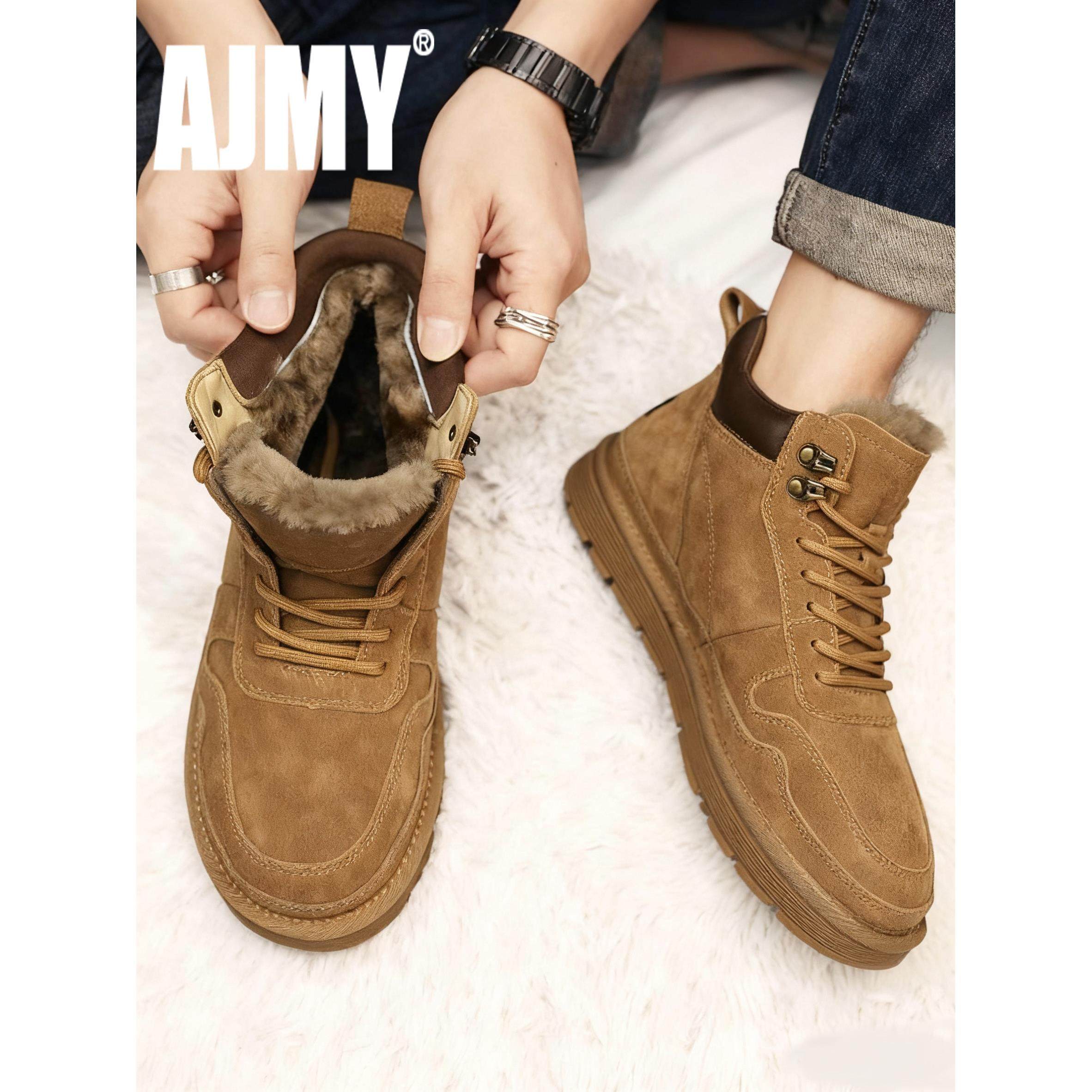 法国AJMY羊毛雪地靴男户外抗寒防滑真皮冬季加绒加厚保暖大棉潮鞋