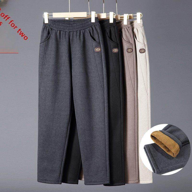 妈妈毛呢休闲裤子春秋季保暖高腰中老年人女裤宽松奶奶加绒直筒裤