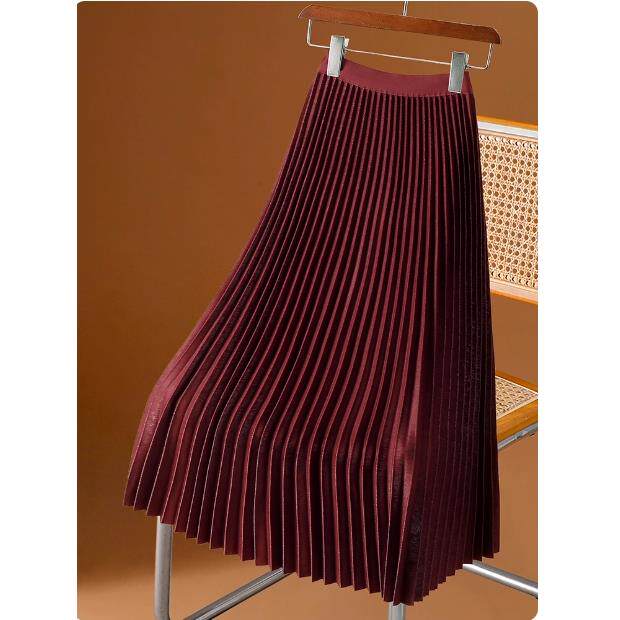 专柜酒红色百褶裙女2026新款春秋季时尚减龄中长款a字大摆半身裙