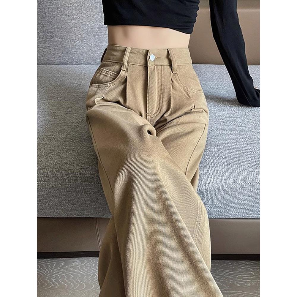 Canary Kiss卡其阔腿牛仔裤女2025春季高腰显高显瘦设计感直筒裤