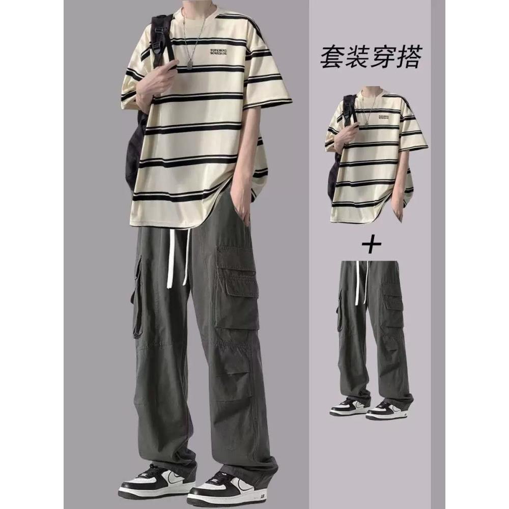 重磅休闲套装男夏季潮牌条纹短袖T恤搭配工装裤一整套青少年穿搭