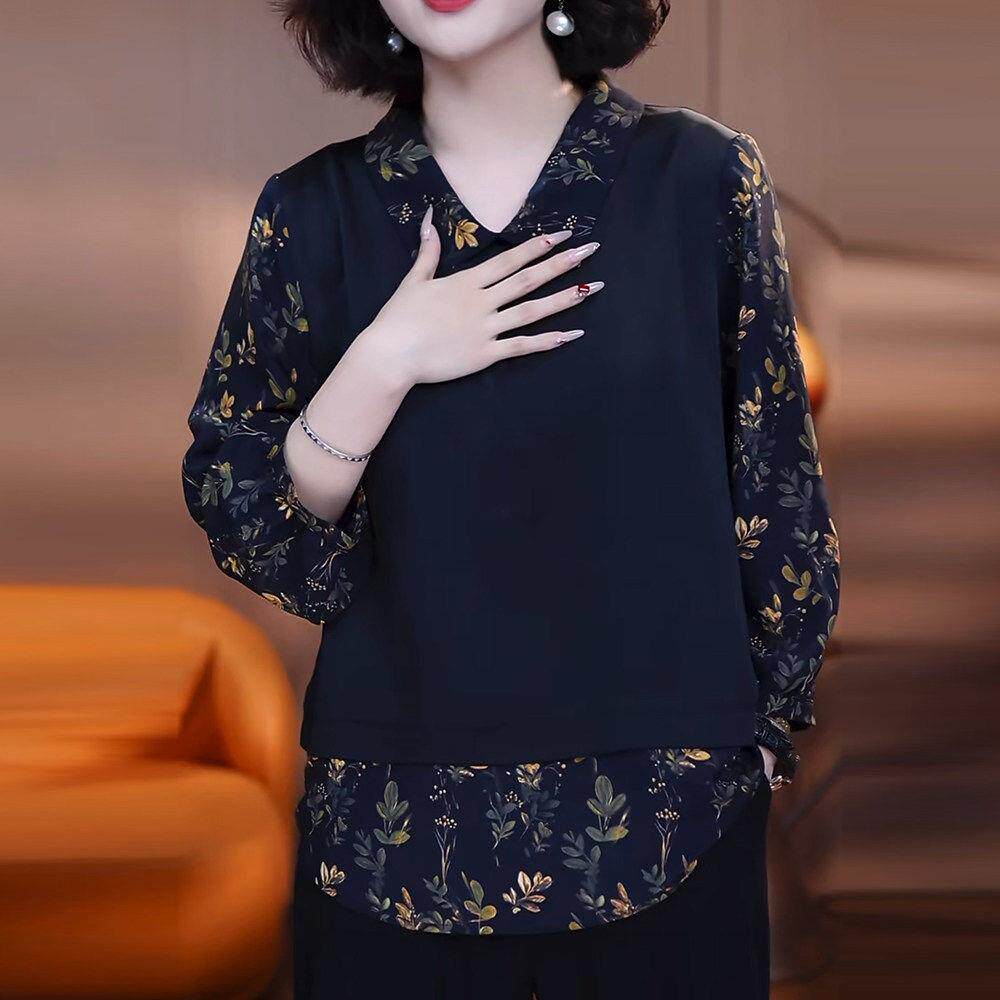 休闲假两件长袖T恤女春秋装新款时尚洋气减龄碎花拼接打底衫上衣