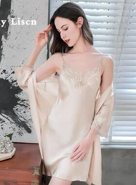 LISCN重磅真丝睡袍女性感吊带睡裙套装真丝睡衣100%桑蚕丝家居服