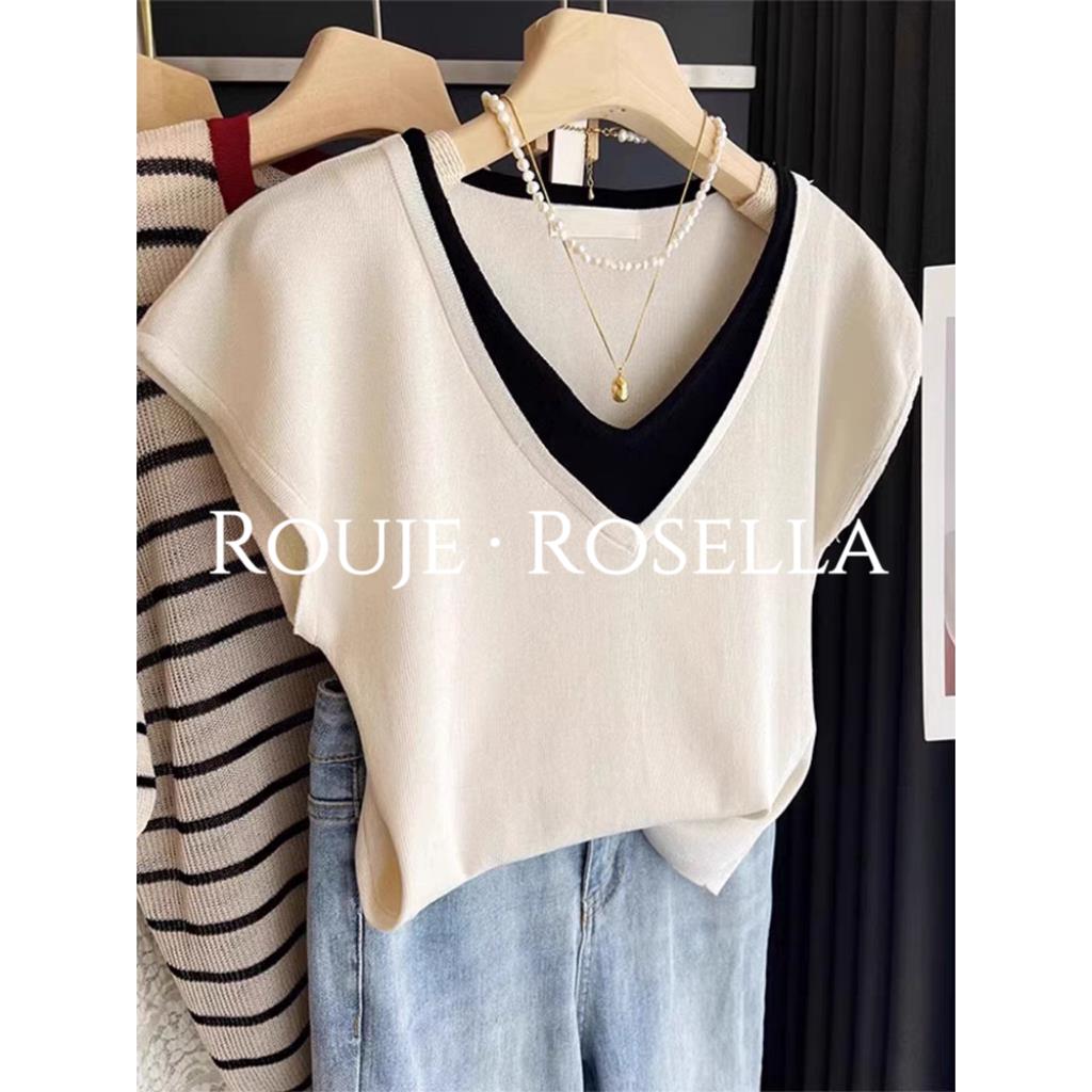 法国Rouje Rosella⭐法式气质v领短袖t恤女夏薄款冰丝针织假两件